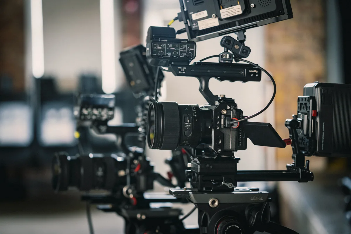 Cinema cameras lined up for video production