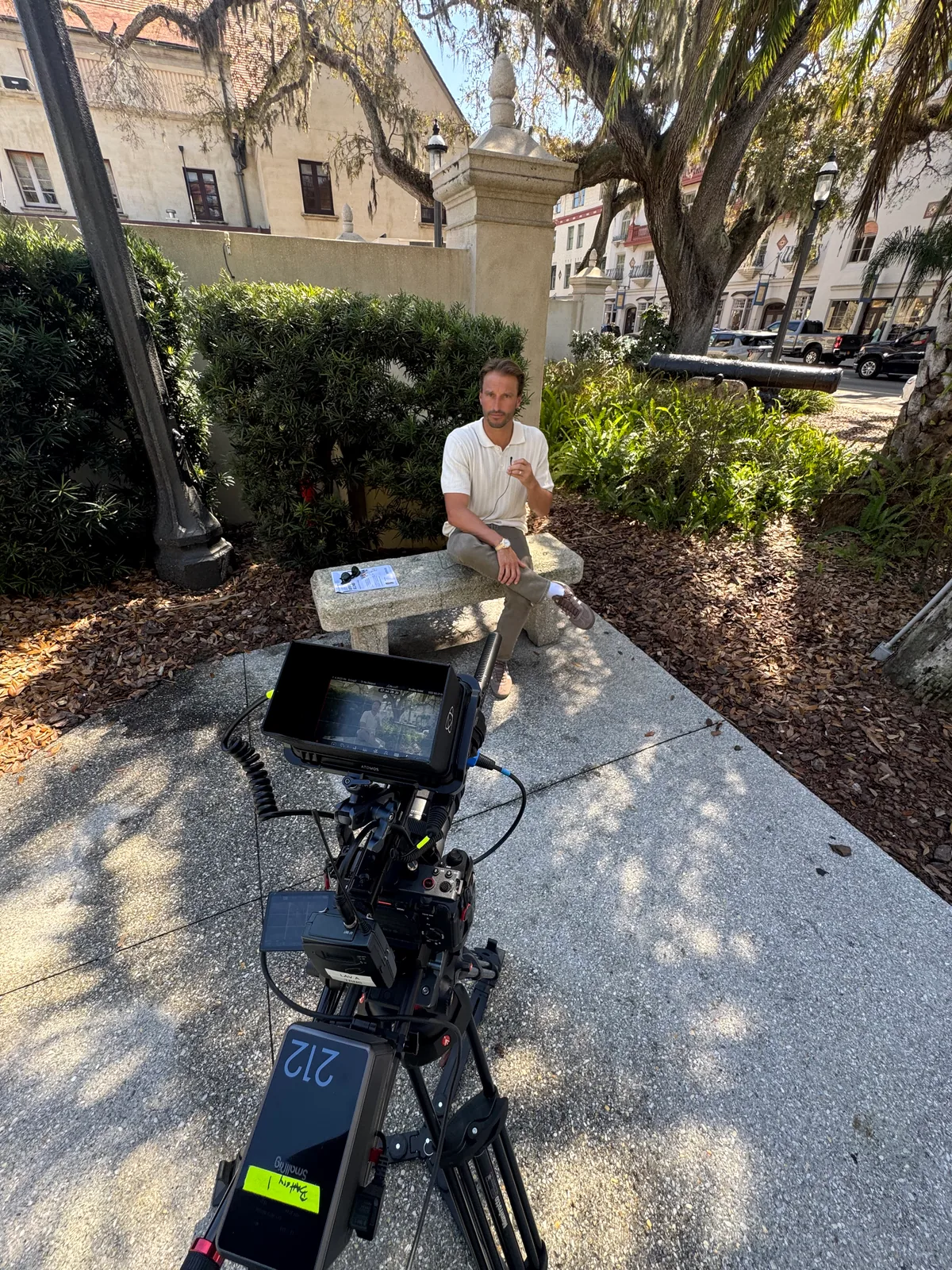 Outdoor video interview setup in downtown St. Augustine using natural light