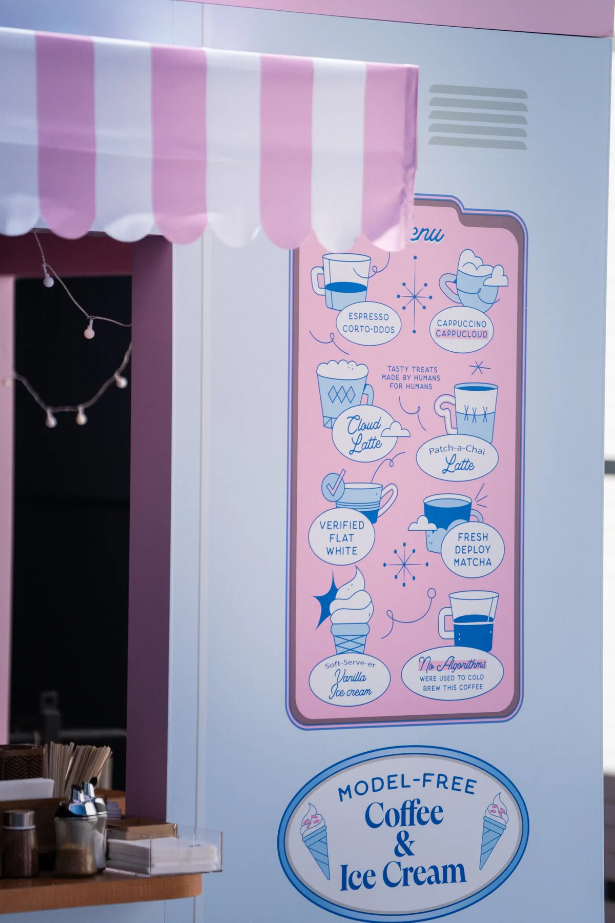 Sponsor activation coffee bar menu at the Wiz No AI Zone, RSAC 2026 in San Francisco, CA — First Sight Films corporate event photography