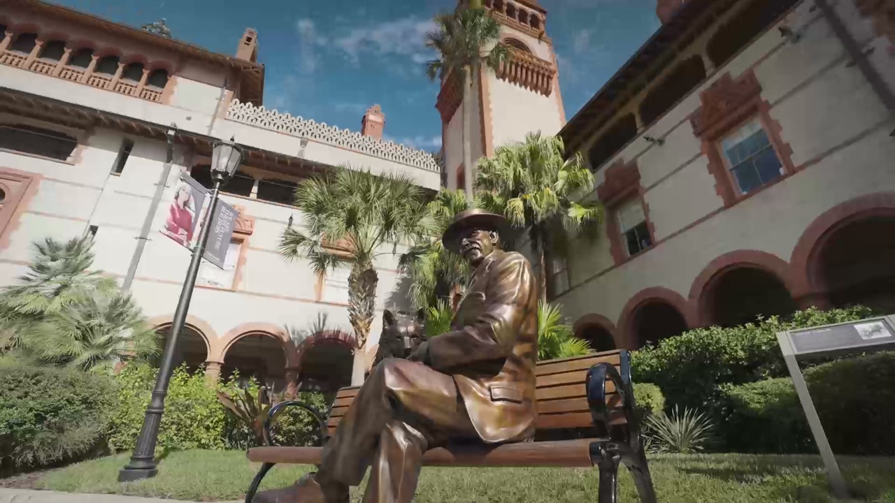 First Sight Films b-roll of the Flagler College courtyard and rotunda, featuring the courtyard fountain and the new Henry Flagler statue