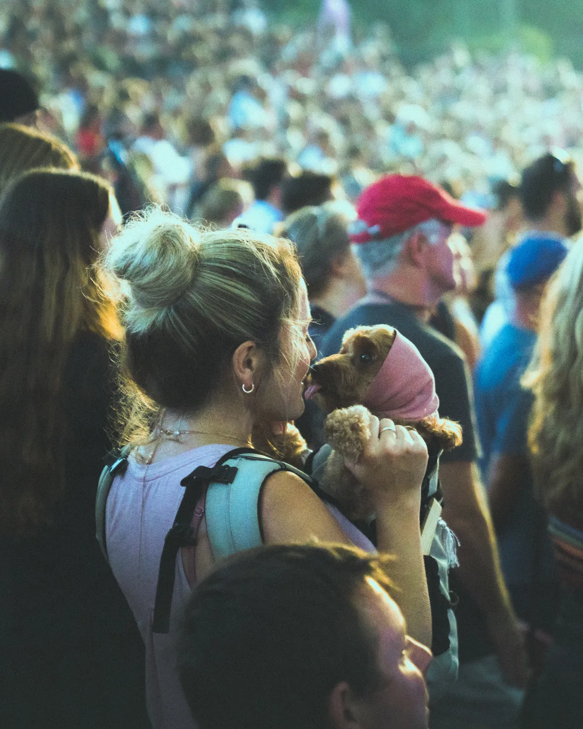 First Sight Films photography of an attendee with a dog in the crowd at the St. Augustine Amphitheatre